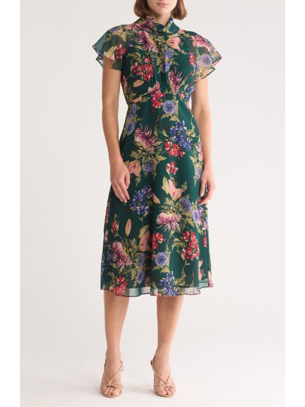 Vince Camuto Green Floral Short Sleeve Chiffon Midi Dress Size 2 NWT